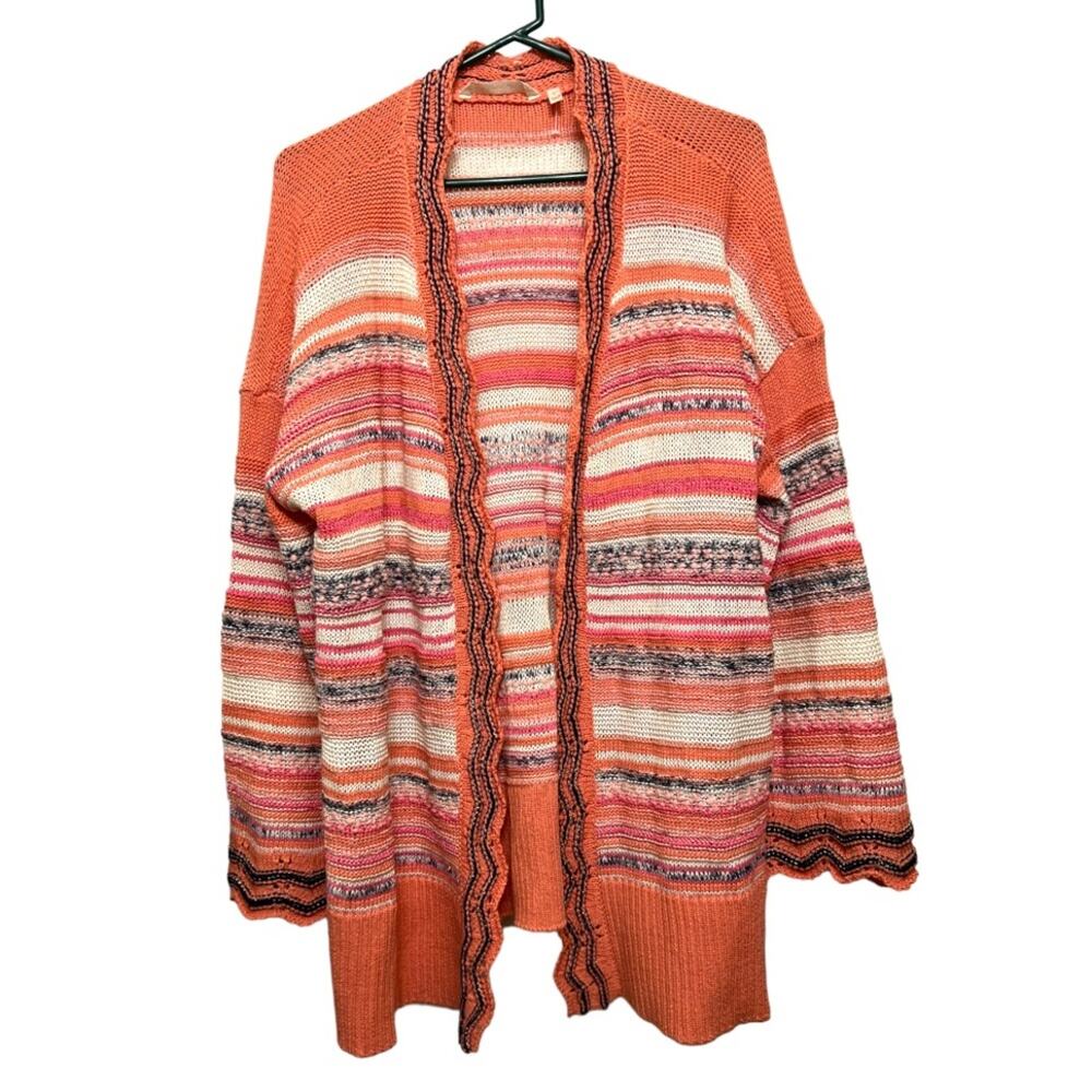 Soft Surroundings Coral Striped Cotton Blend Open Long-Line Cardigan Large